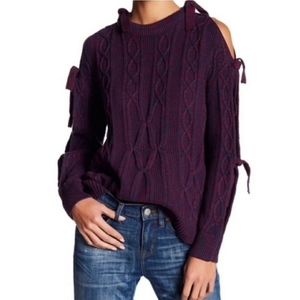 Project Naadam Red Burgundy Blue Cable Knit Sweater Cutout Shoulder Bow Sz Small